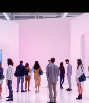 Visitors moving through a bright, open gallery