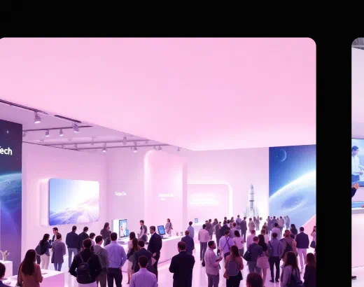 Visitors gathered in a vibrant exhibition space